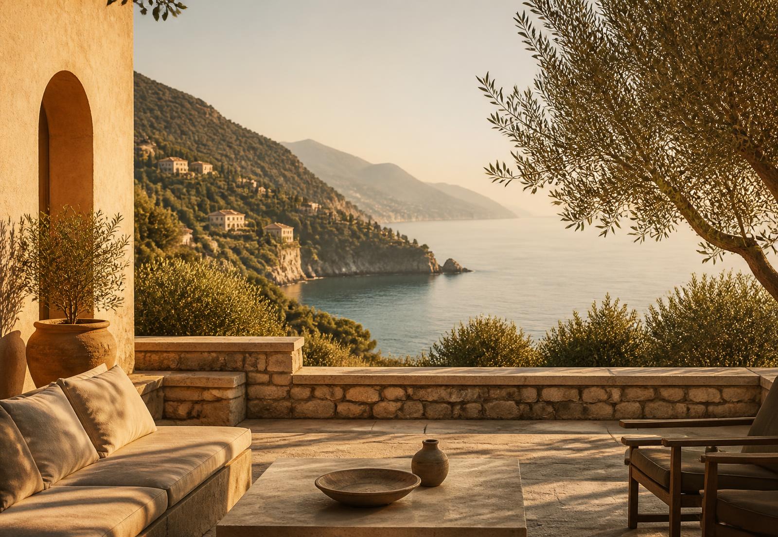 A quiet stone terrace overlooking a Mediterranean coastline at golden hour